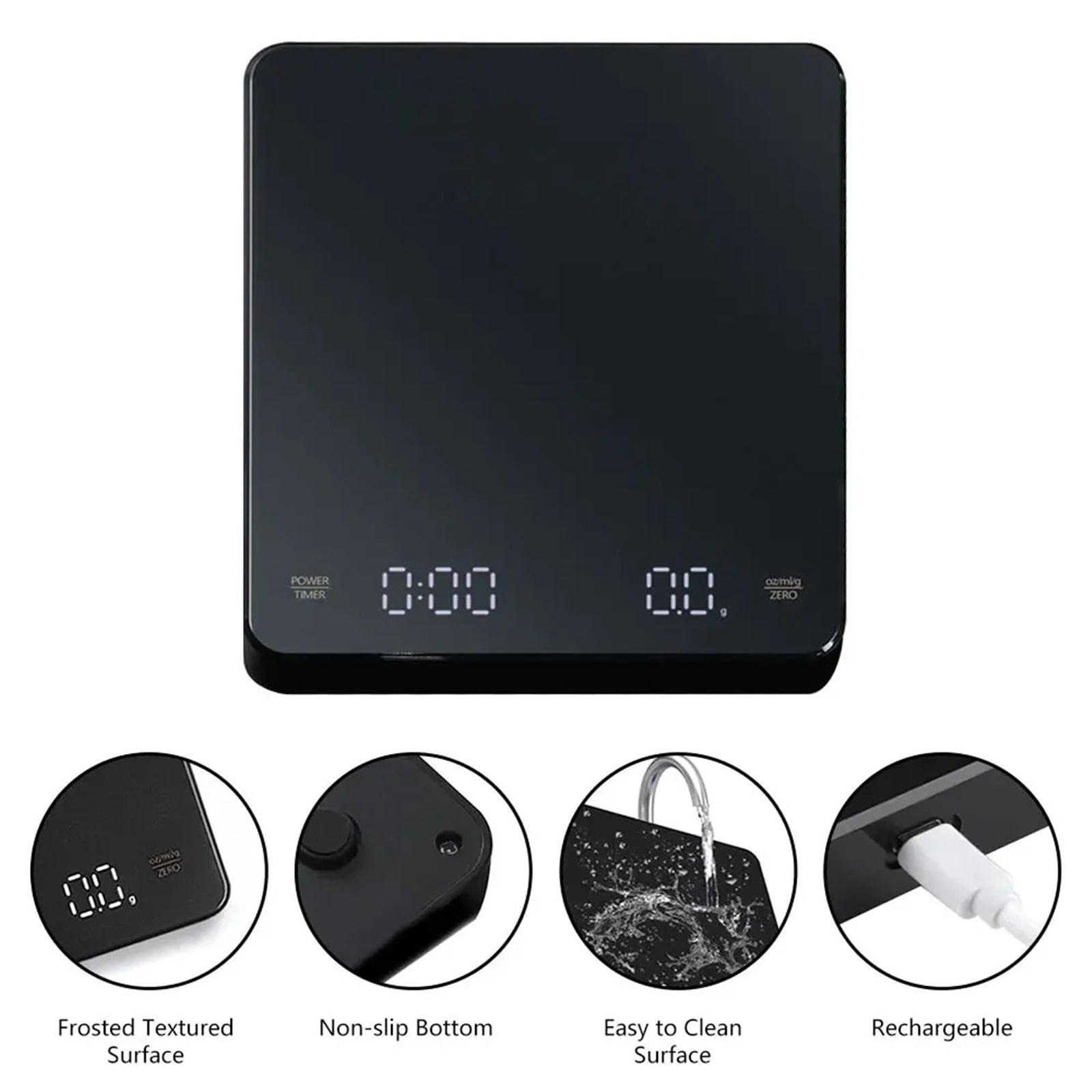 USB Digital Rechargeable Coffee Scale with Timer LED Screen Espresso  0.1g to 3kg High Accuracy Measuring Kitchen Scale