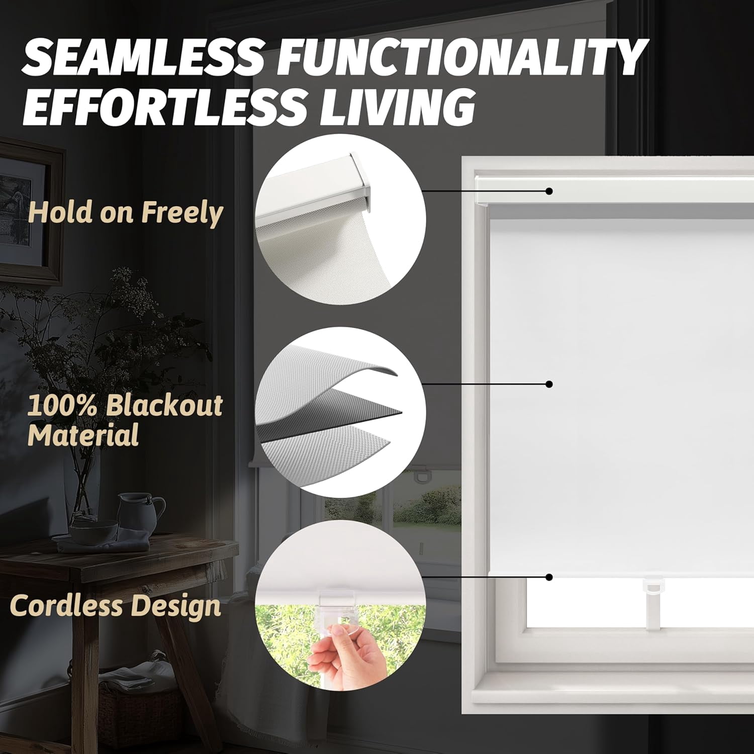 ShadeMart Cordless Blackout Roller Shades, Thermal Insulated & UV Blocking Fabric, Easy Pull-Down Window Blinds for Home & Office, Room Darkening & Energy Efficient(32" W x 72" H, White)