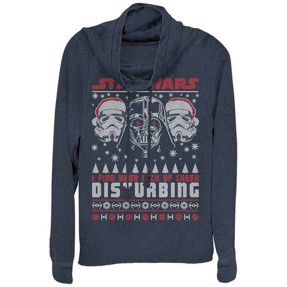 Junior's Star Wars Ugly Christmas Lack Of Cheer Disturbing Cowl Neck Sweatshirt Navy Blue X Large