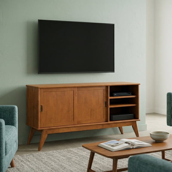 Simpli Home Draper 60 inch Wide Solid Wood Mid Century Modern Medium TV Stand in Teak Brown For TVs up to 65 inches