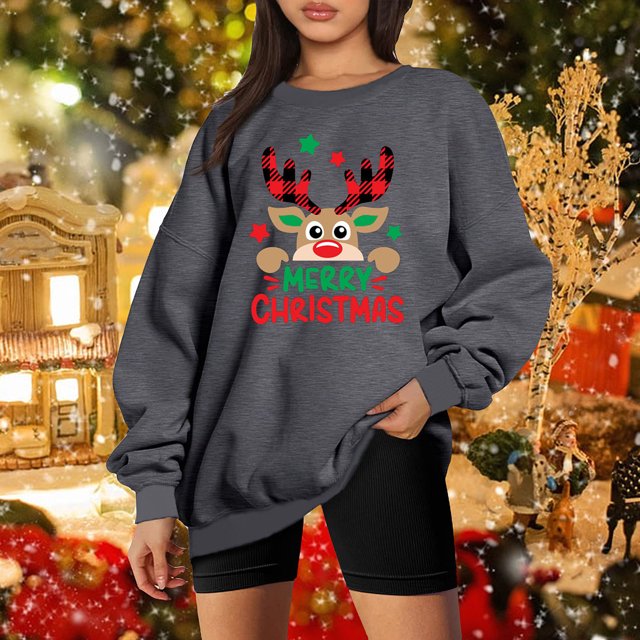 Pntutb Mujer Moda Suelta Manga Larga Cuello Redondo Blusa Navidad Impresión Camiseta tops Pntutb Pntutb-5890