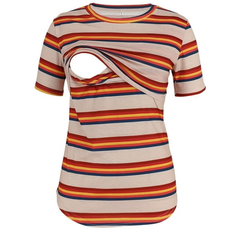 

Juebong Women s Maternity Blouses & Shirts Crew Neck Stripe Short Sleeve Maternity Tops Breast-Feeding Pregnant Woman Nursing Blouse