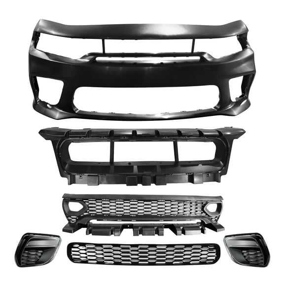 Ikon Motorsports Front Bumper Cover W/ Grilles Compatible With 2020-2023 Dodge Charger Widebody SRT Style Upper Grille Lower Grille   Fog Light Covers W/ Lights Lamp Whole Bodykits