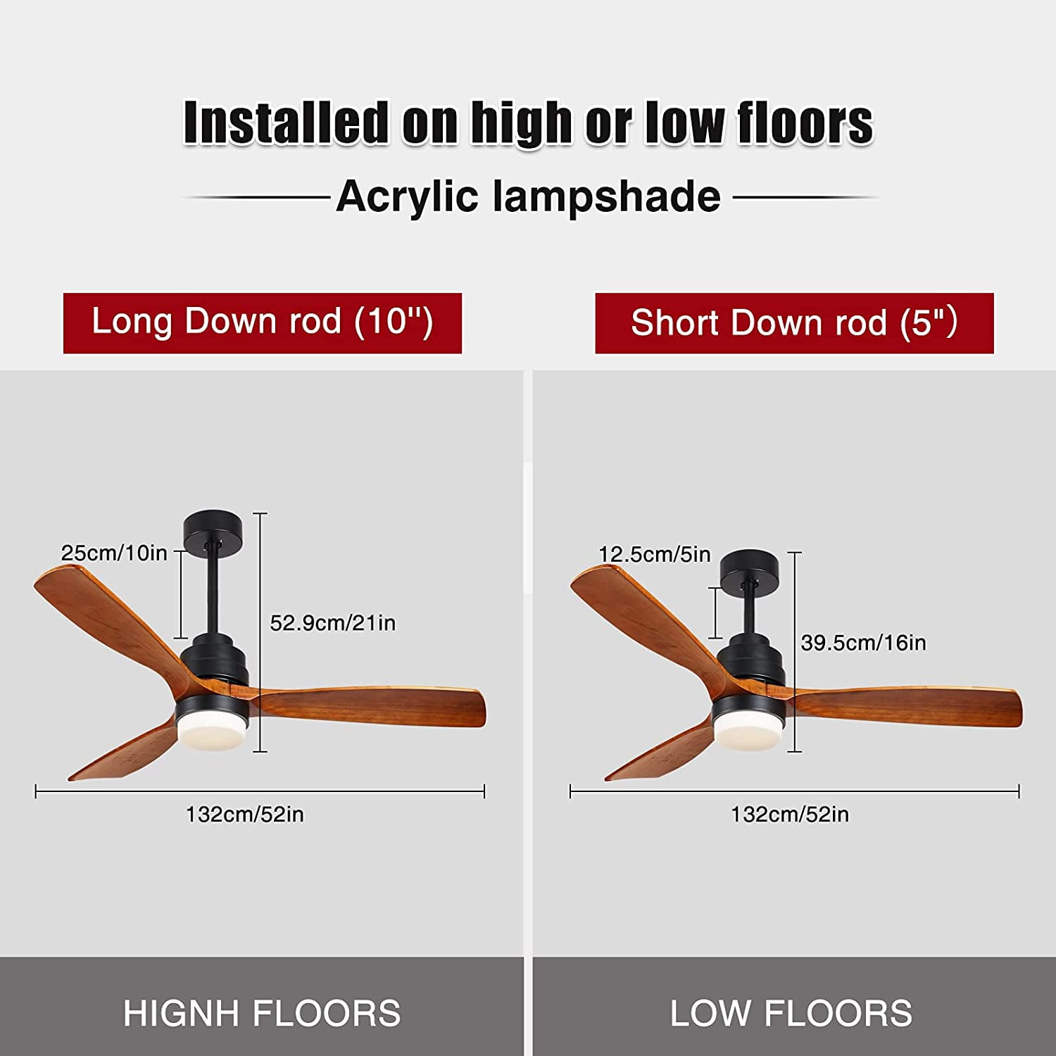 Buy KAPOEFAN 52'' Solid Wooden Down Rod Ceiling Fan with Lights