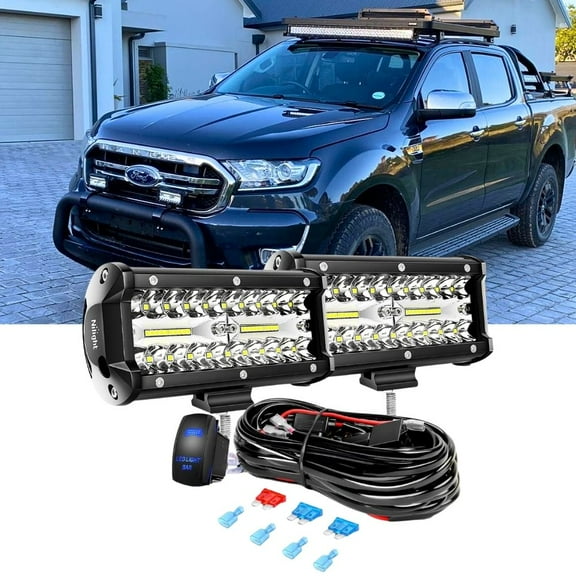 Nilight 6.5Inch 2PCS 120W Spot & Flood Combo Bar Driving Waterproof Led Work Light Triple Rows with 5 Pin Rocker Switch Power 16AWG Wiring Harness Kit-2 Leads for Off-Road Truck
