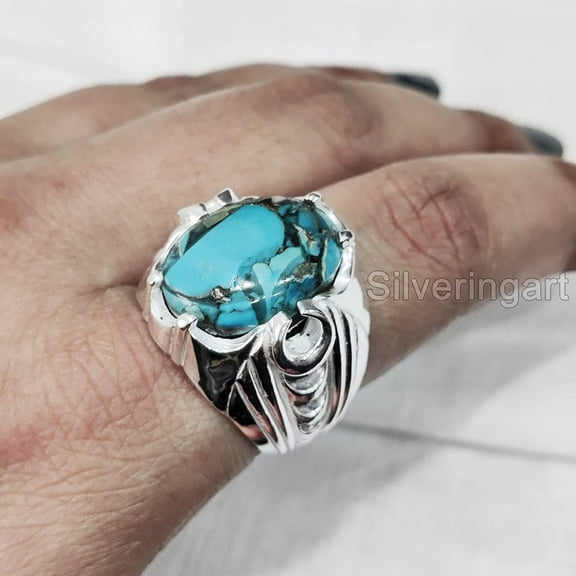 Blue Copper Turquoise Mans Ring, Natural Copper Turquoise Ring, Silver Jewelry, 925 Silver Ring, Birthday Gift, Heavy Mens Ring, Arabic Design, Ottoman Style Ring, Christmas, Turkey Mens Signet Ring