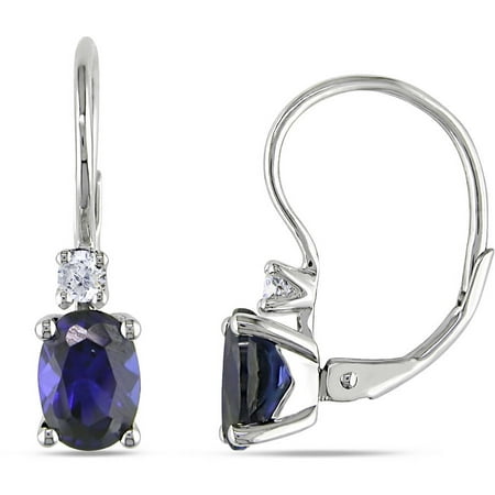 2-1/2 Carat T.G.W. Created Blue Sapphire and Diamond Accent Sterling Silver Leverback Earrings