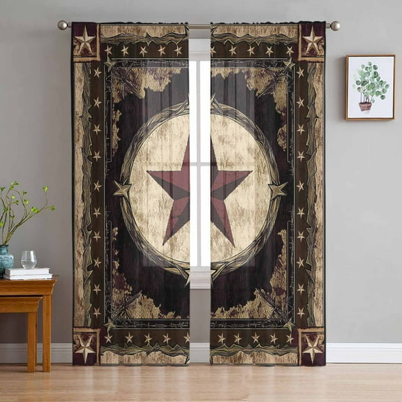 Western Stars Brown Semi Sheer Curtains 63 Inch Length 2 Panels Set, Farmhouse Country Vintage Wood Grain Sheer Kitchen Curtain Privacy Voile Window Curtain for Living Room Bedroom Rod Pocket Drapes