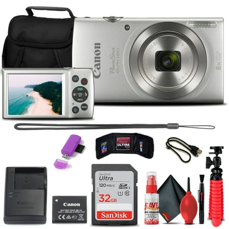 Canon PowerShot ELPH 180 Digital Camera (Silver) (1093C001) + 32GB Card + Case + Card Reader + Flex Tripod + Memory Wallet + Cleaning Kit + USB Cable