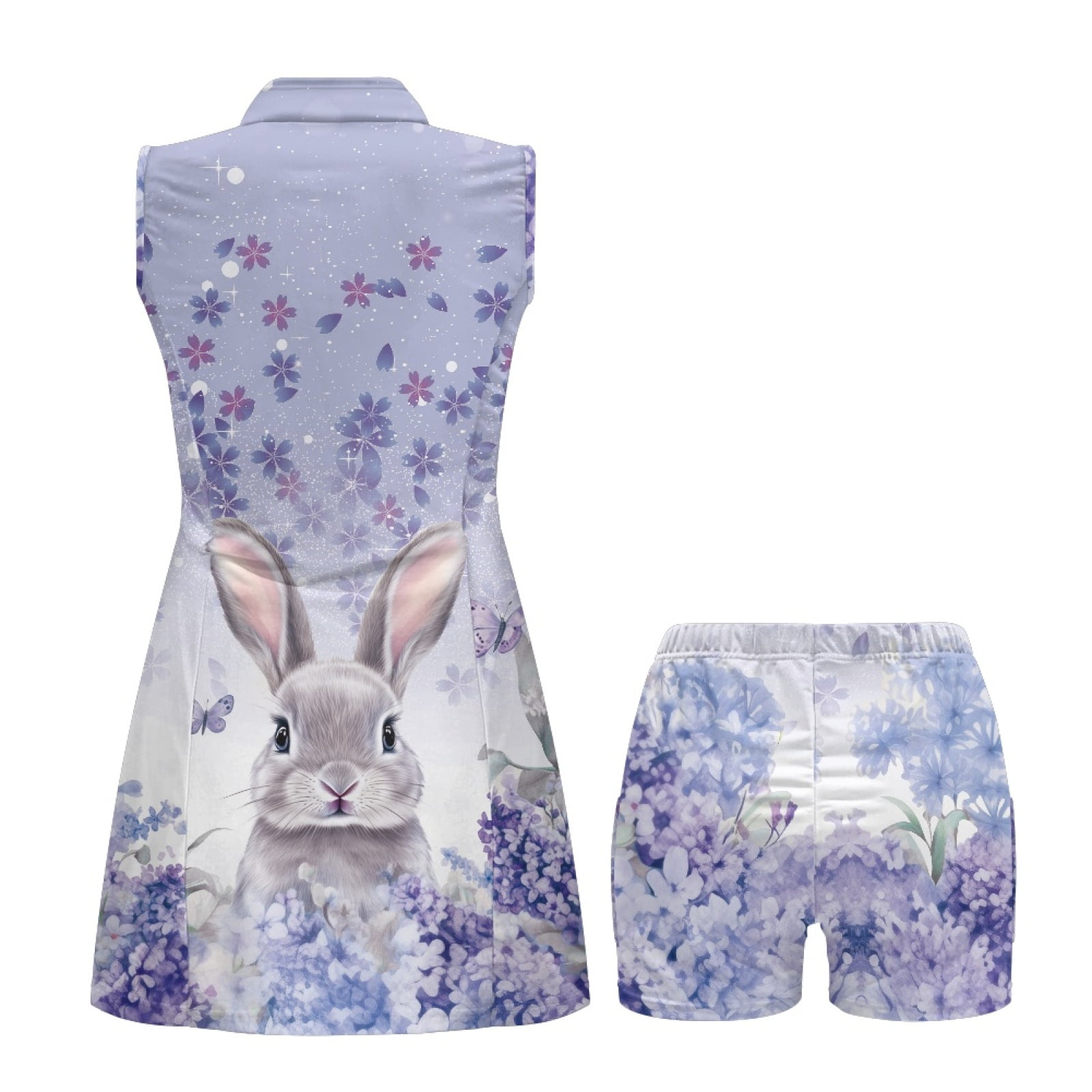 COEQINE Bunny and Purple Floral Print Golf Dresses for Women with Built in Shorts and Pockets V-Neck Sleeveless Workout Dresses 2 Piece Set Lightweight Tennis Outfits, S