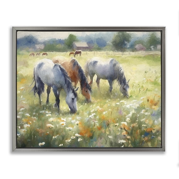 Stupell Industries Rustic Lodge Grazing Horses in Pasture Gray Floating Frame Canvas Art, 21 x 17, by Ramona Murdock