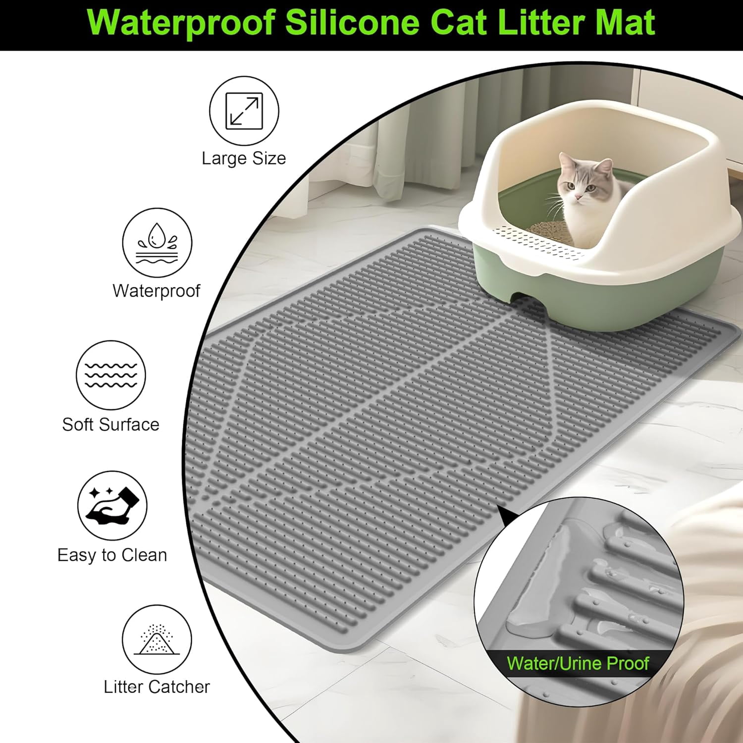 Cat Litter Mat XXL - Waterproof Kitty Litter Box mat for Floor - Extra Large Pet Trapping Litter Rug Pad - Silicone Cat Supplies & Accessories for Indoor Cats (38" x 25") -Black