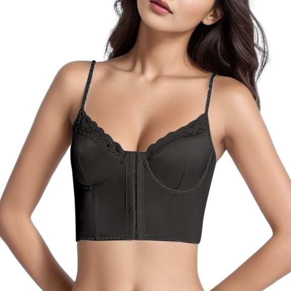 khonts,Women's Front Hook Closure Lace Trim Bustier Sexy Slim Fit Spaghetti Strap Camisole Low Cut Push up Gathering Gathering Crop Tops Black S