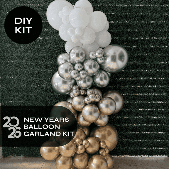 Pop Up Balloons - New Years Balloon Garland Kit Champagne Silver Gold White 6ft professional grade latex balloons