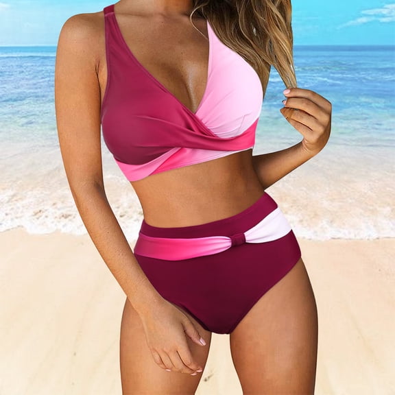 EliteGoogv Bikini Sets For Women Removable Padding Halter Neck High Waisted Print Two Piece Swimsuit Summer Beach Pool Swimwear Wine