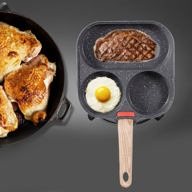 3 Section Skillet Mini Pancake Pan, Kitchen Cooking Tool Egg Steak Pot Egg  Cooker Pan 3 in 1 Nonstick Pan, for Cooking Breakfast Burger wood handle