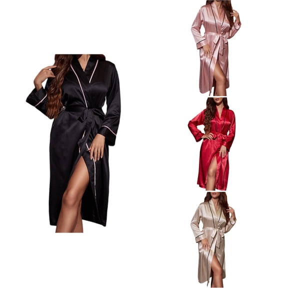 Antinious Solid Long Sleeve Open Front Silk Like Robe with Belt Sleepwear Robe,Winter Robes for Women,Women Pajamas Bathrobes,Black,XL