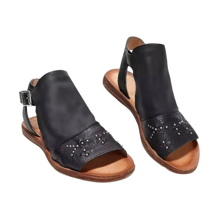 

Womens Summer Sandals Vintage Faux Leather Wrap Gladiator Shoes Casual Breathable Cut Out Peep Toe Ankle Strap Slingback Walking Flats