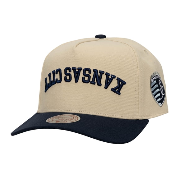 Men's Mitchell & Ness  Cream/Navy Sporting Kansas City Upside Down Pro Pinch Snapback Hat