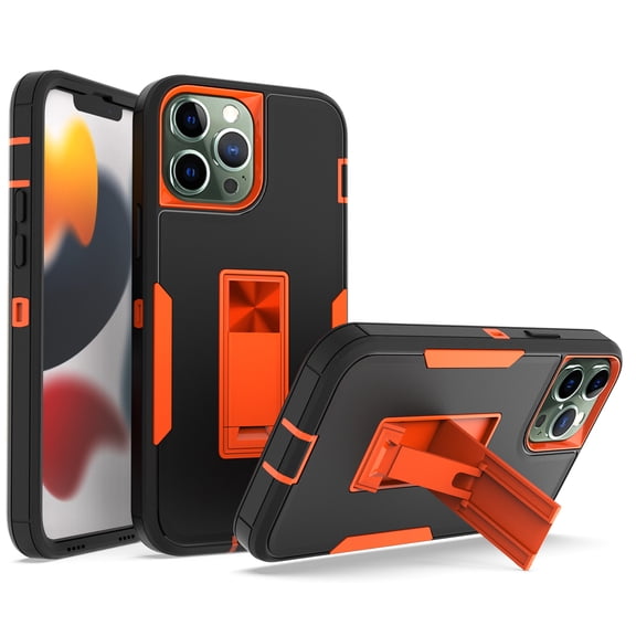 for iPhone 13 Pro Case: Military Grade Protection Shockproof Phone Cover Build-in Hidden Kickstand & Rugged TPU Shell | Matte Durable Drop Proof Heavy Duty Case,Black Orange