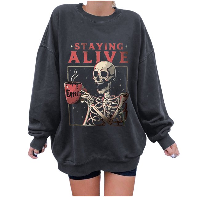 Sudadera extragrande de lana de manga larga con cuello redondo y estampado de calavera para mujer Fridja hkj493