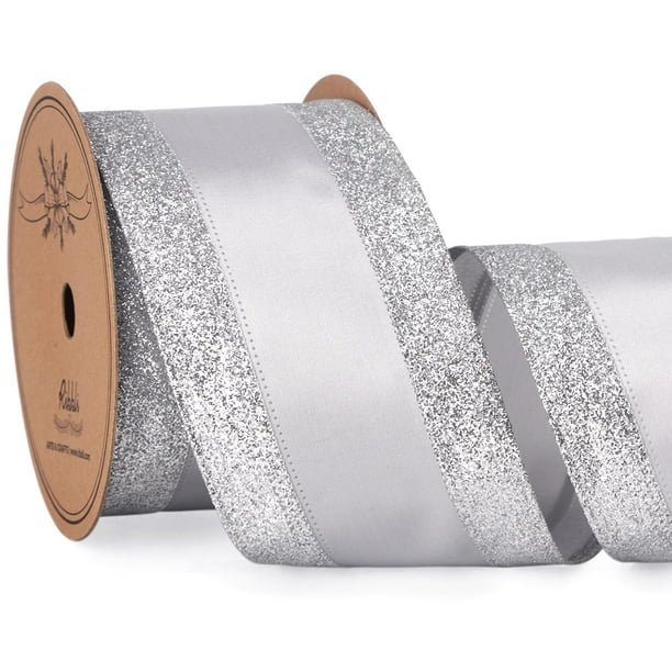 Cinta decorativa Ribbli, 6,4 cm, alambre, plata satinada, purpurina, 9,1 m