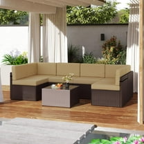 Kinbor 7Pcs Outdoor Patio Furniture PE Wicker Rattan Sectional Conversation Sofa Sets, Khaki
