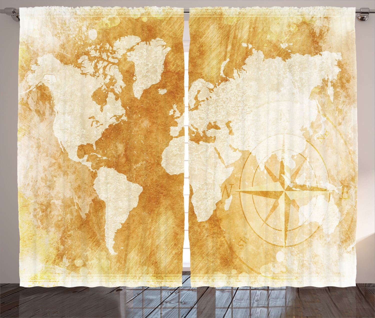 Brown Curtains 2 Panels Set Old Fashioned World Map Design With Compass In Retro Distressed Colors Continents Earth Living Room Bedroom Decor Cream