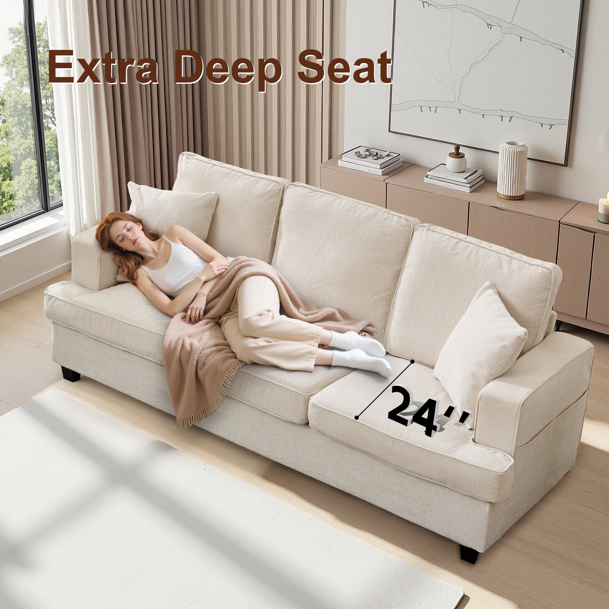 Korser 89" Chenille Sofa 3 Seater Couch with Extra Upholstered Deep Seats for Living Room,Removable Cover,Assembly Required,Beige