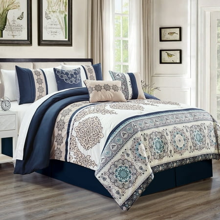 Unique Home Kosta 7 Piece Comforter Set Beige Floral Medallion Bed