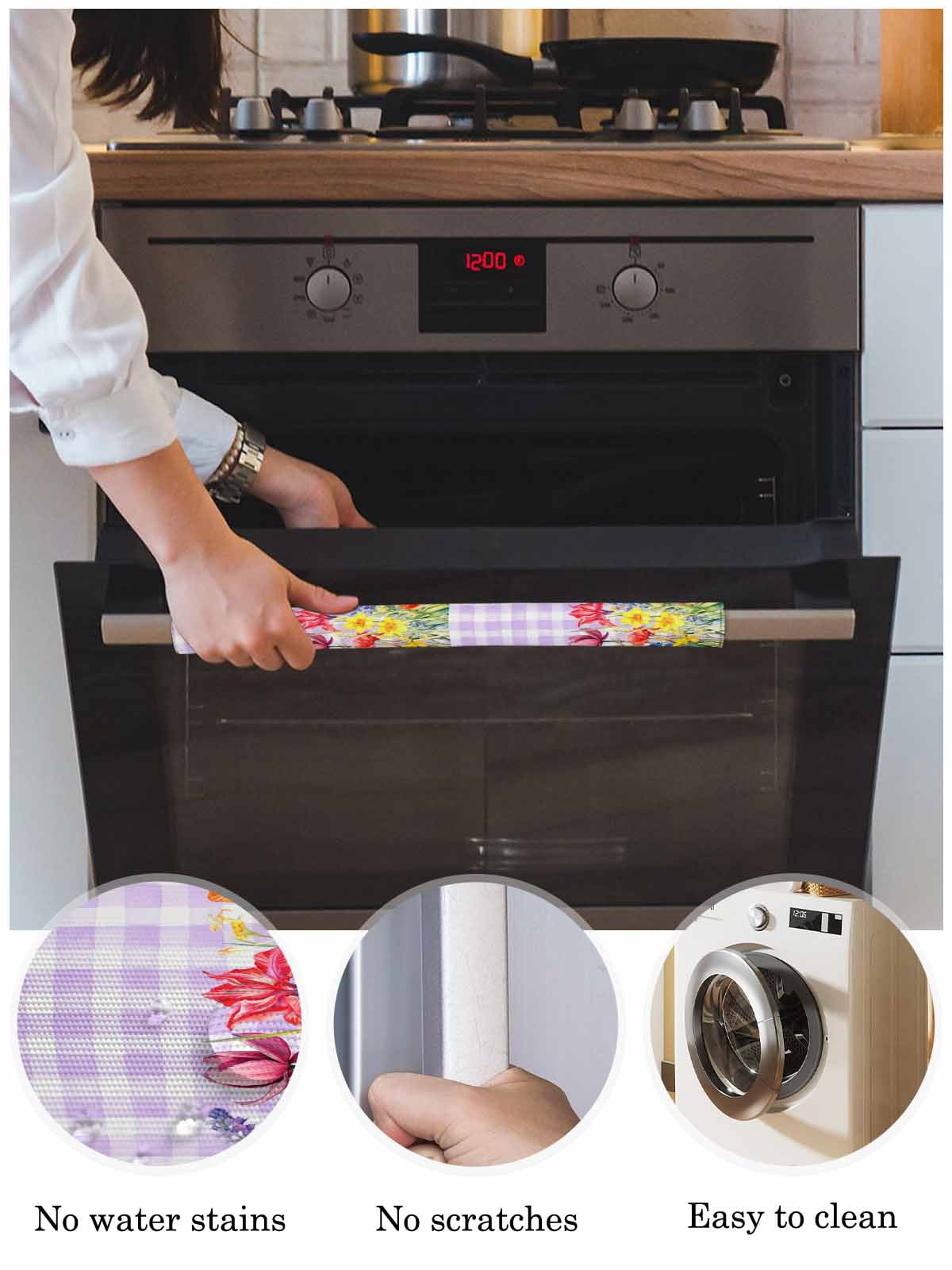 Purple Plaid Tulip Refrigerator Door Handle Covers Set of 2, Spring Floral Watercolor Botanical Kitchen Fridge Microwave Oven Dishwasher Stove Cabinet Handle Protectors, Washable Appliance Decor