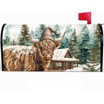 Winter Highland Cow Mailbox Cover Magnetic, Colorful Christmas Xmas Mailbox Wraps Post Letter Box Cover for Home Yard Garden, Winter Holiday Outdoor Decor Standard Size 21x18 Inches