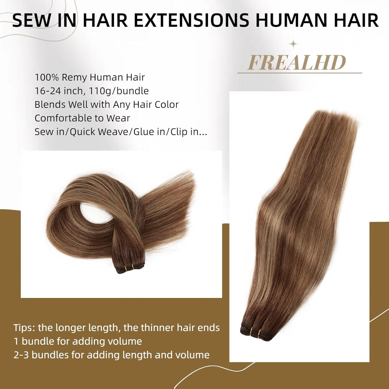 Sew in Hair Extensions Real Human Hair, 110g 24 inch Ombre Color 4/27/4 Balayage Chocolate Brown to Caramel Blonde Double Weft Weave Bundles Remy Human Hair Extensions Straight
