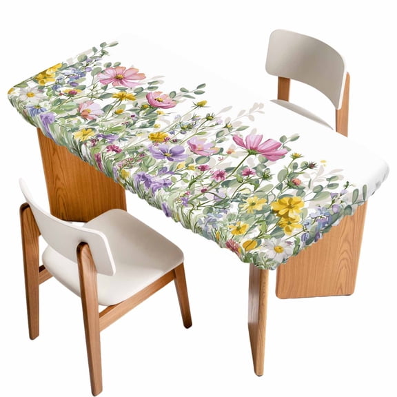 Spring Floral Table Cloths for 4 Foot Rectangle Tables, Watercolor Flower Eucalyptus Leaves Botanical Patio Waterproof Elastic Fitted Tablecloths, Washable Rectangular Table Cover for Camping