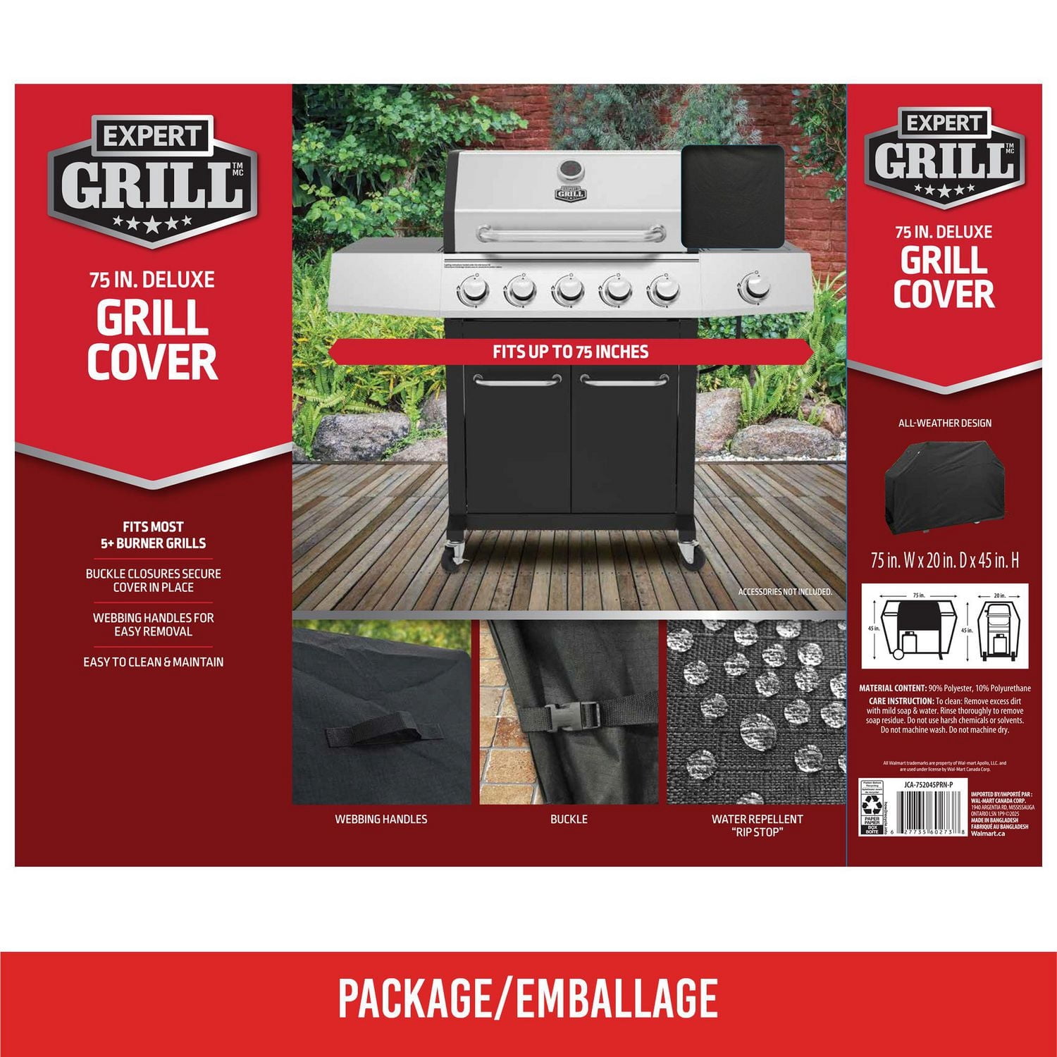 Expert Grill 75" Deluxe Heavy-Duty Cover, Durable Black Ripstop Fabric.