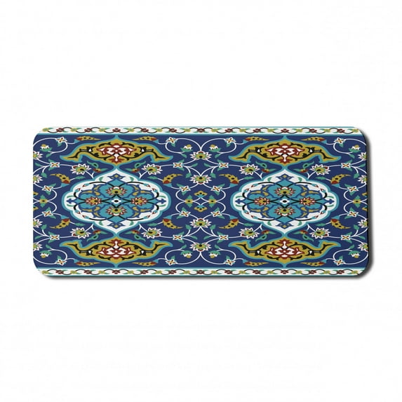 Moroccan Computer Mouse Pad, Oriental Motif with Vintage Byzantine Style Tile Effects Artwork, Rectangle Non-Slip Rubber Mousepad X-Large, 35" x 15" Gaming Size, Mustard Royal Blue, by Ambesonne