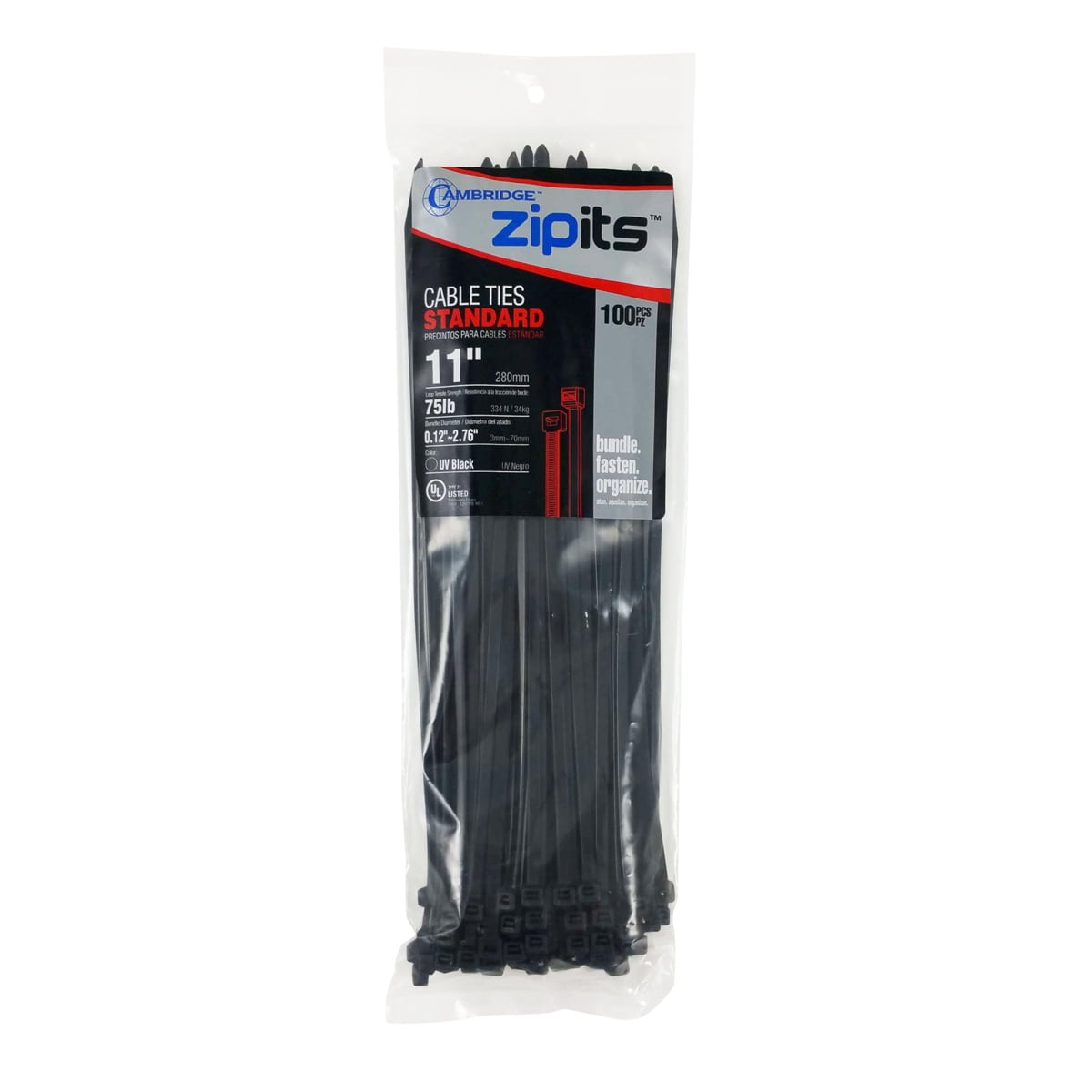Cambridge ZipIts Cable Ties 11 Inch 75 Lb Standard Duty Zip Ties 100