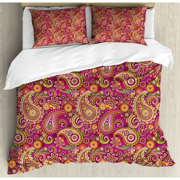 Paisley Duvet Cover Set, Vivid Design with Flowers Dots Leaves and Ornamental Patterns Art Print, Decorative 3 Piece Bedding Set with 2 Pillow Shams, Queen Size, Multicolor, by Ambesonne