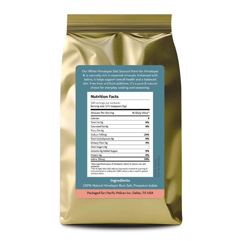 Pacific Pelican Iodized Lite White Himalayan Salt | 30% Less Sodium | Fine Grain, Unrefined, Pure Rock Salt, 100% Natural & Organic for Cooking, Seasoning & Wellness (2 LBs)