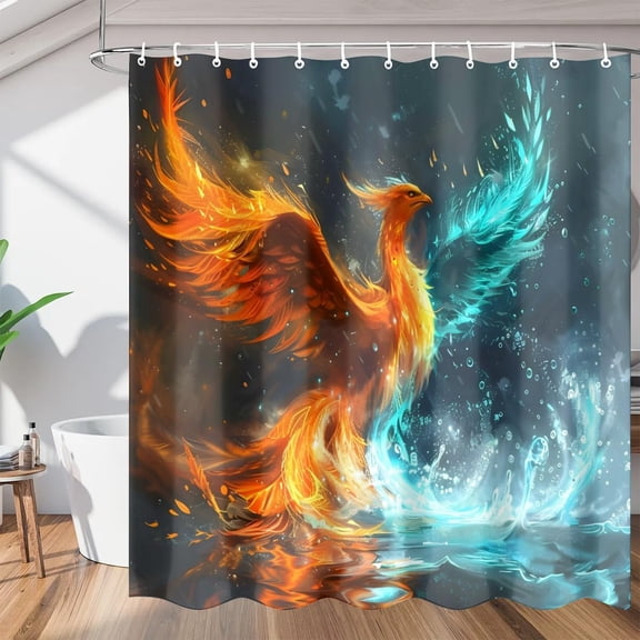 Fire and Water Phoenix Print Shower Curtain Sets, Washable Polyester Fabric, Fantasy Bath Curtain with Hooks 36"W x 72"H