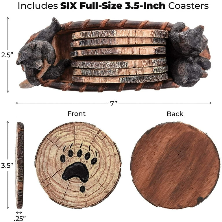 Bear Coasters Set – 6 Full Size Rustic Coasters in Handmade Canoe with  Adorable Black Bear Figurines 