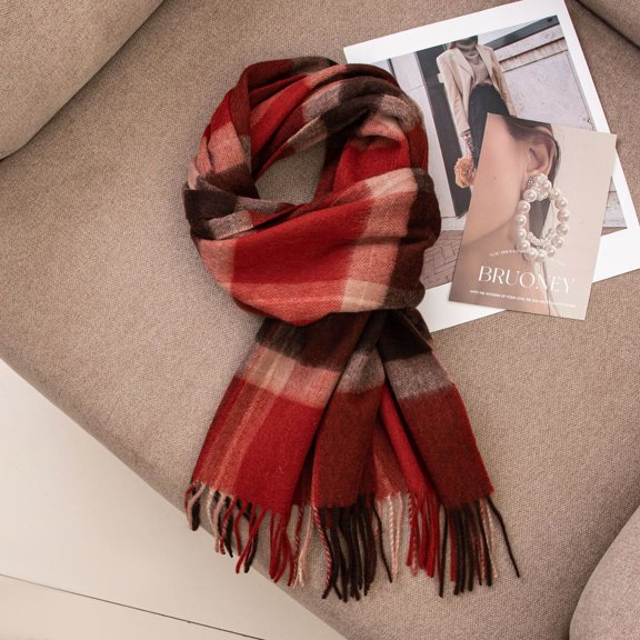 Firefly Hope Womens Wool Chunky Plaid Tassel Scarf, Long Large Warm Soft Winter Blanket Shawl，Style G,Red coffee grid