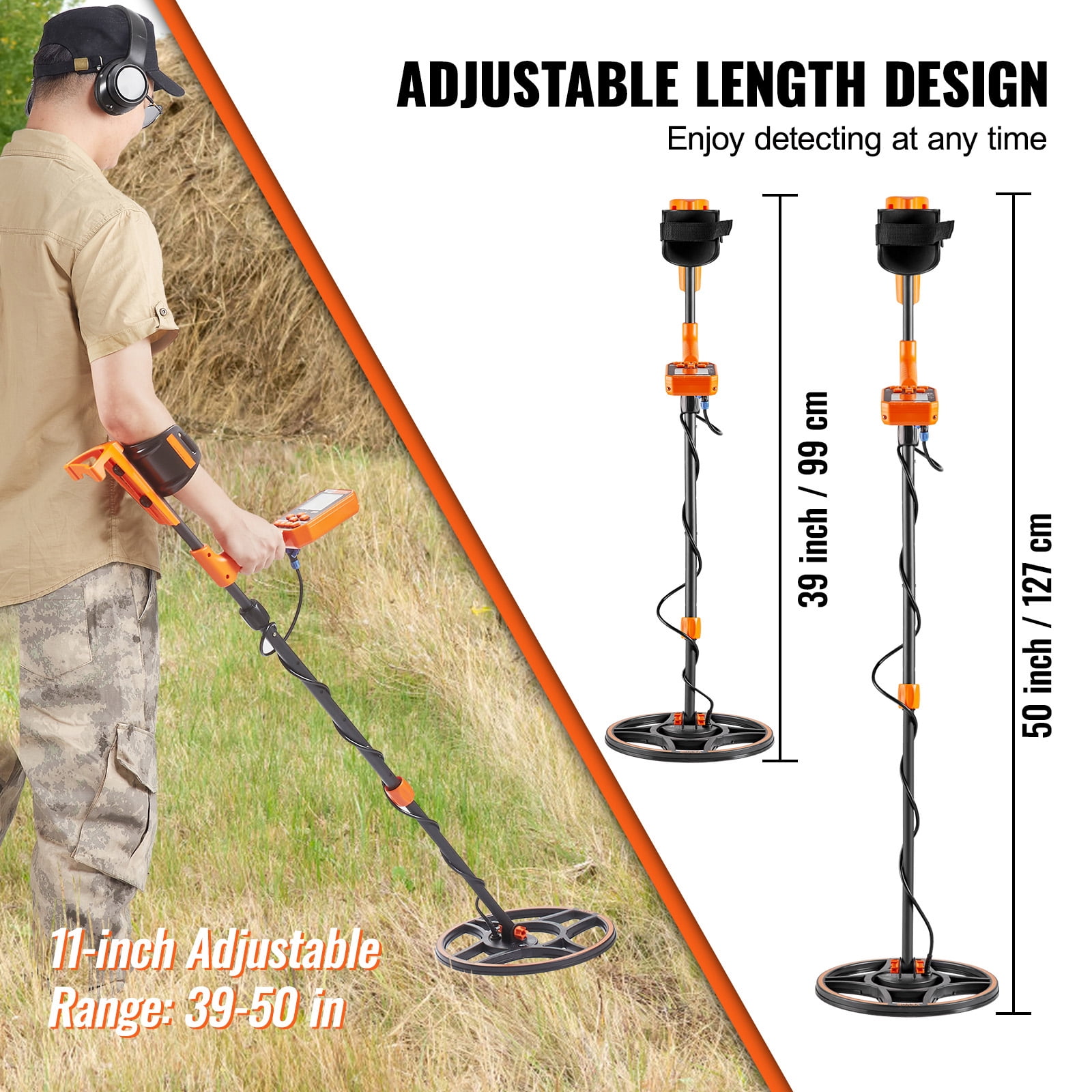 KFFKFF 12" Metal Detector with LCD Display, 39"-50" Adjustable Stem for Kids and Adults,7 Modes Gold Detector with IP68 Waterproof Coil, Suitable for Beaches, Backyards, Hiking