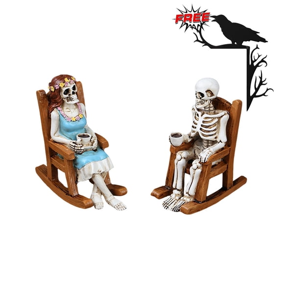 FEOLGEHLY Halloween Decorations Indoor, Halloween Coffee Couple Rocking Chair Skull Figurines, Resin Skeleton Decor for Escape Room & Haunted House, Spooky Atmosphere Desktop Ornament