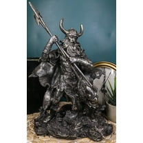 Viking Norse God Odin Alfather With Horned Helm Holding Javelin Spears Figurine