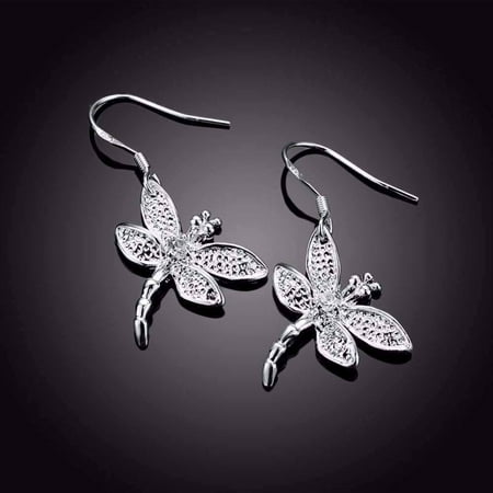 - ON SALE - Sterling Silver Dragonfly Dangle Earrings Silver