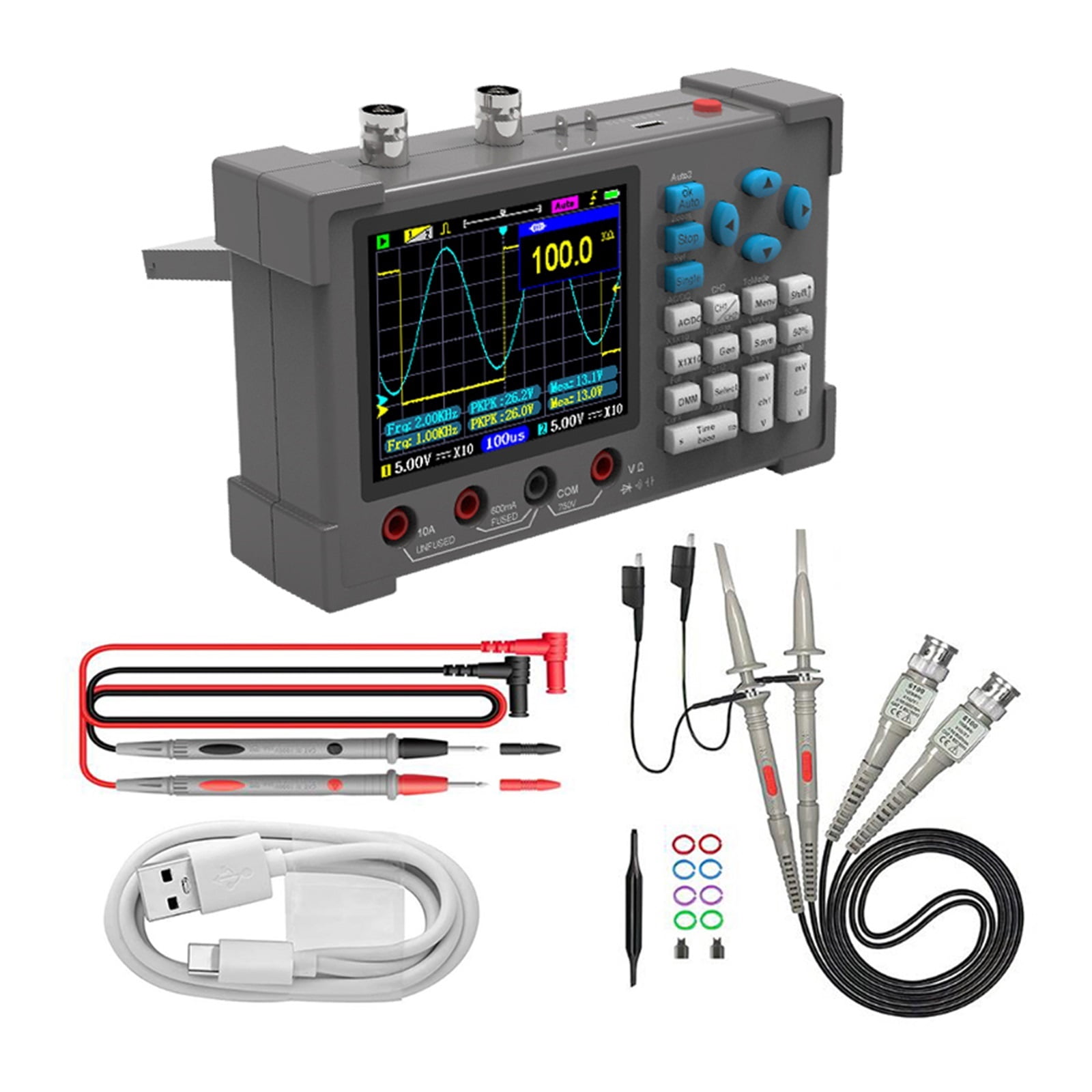 Oscilloscope Multimeter Signal Generator 3.2inch IPS Handheld Oscilloscope 120Mhz 250MSa/s Dual Channel Oscillometer ,Easy to Use