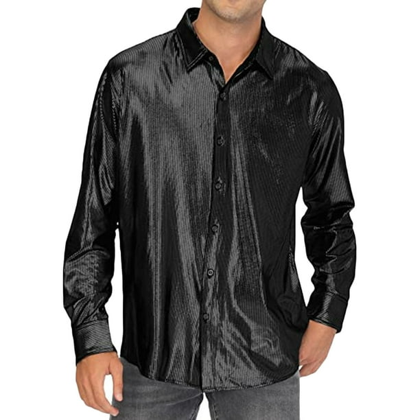 pstuiky camisa de manga larga para hombre, Camisas de manga larga para hombre, informales, de satén brillante, con cuello de solapa y botones Tops casuales para hombres l