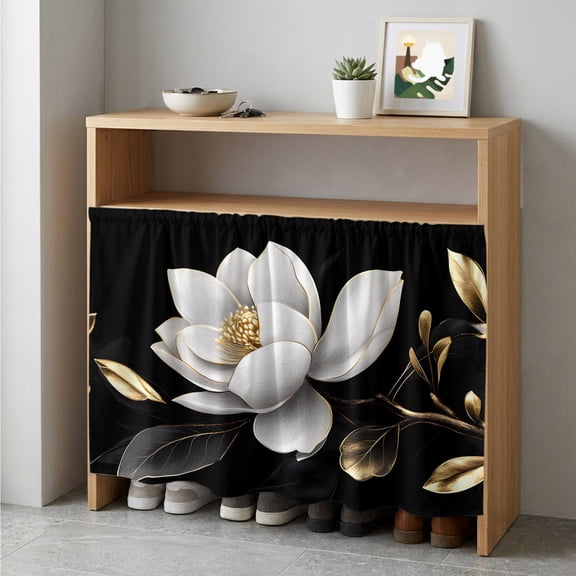 Gorgeous Flowers Cabinet Curtain 35"Wx35"L,Dustproof Under Sink Skirt with Self Adhesive Tape,White Gold Floral Botanicals Black Cabinet Curtain Cover for Kitchen Sink,Bathroom Vanity,Laundry Room