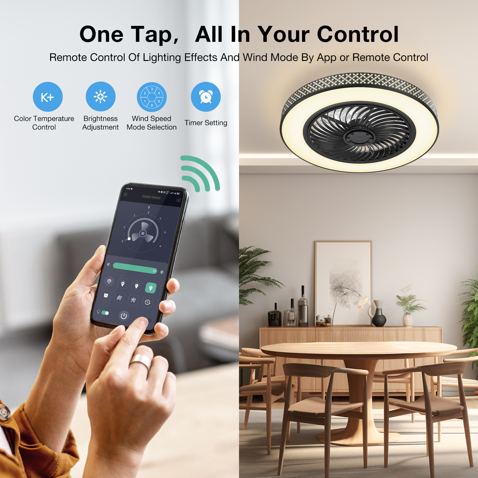 BLITZWILL 22 in Round Ceiling Fans with Lights, Dimmable Color Temperature and 6 Speeds, Remote & APP Control, Flush Mount Bladeless Reversible Motor, Black